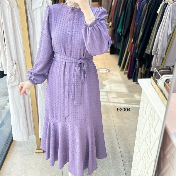 92004 Gofre Kumaş Kemerli Elbise - Görsel 12