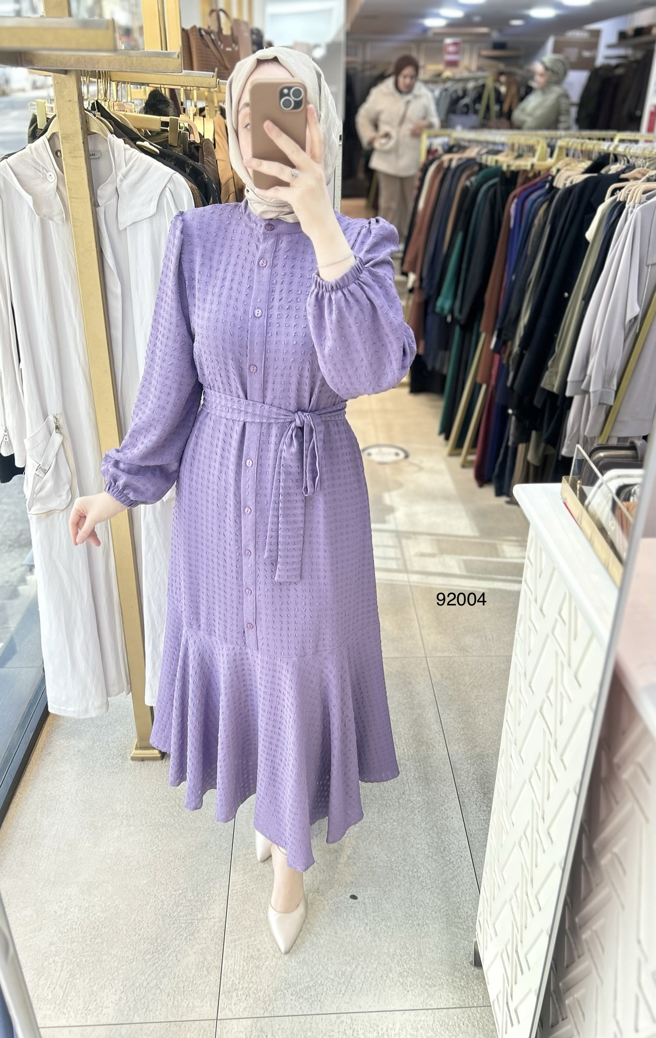 92004 Gofre Kumaş Kemerli Elbise