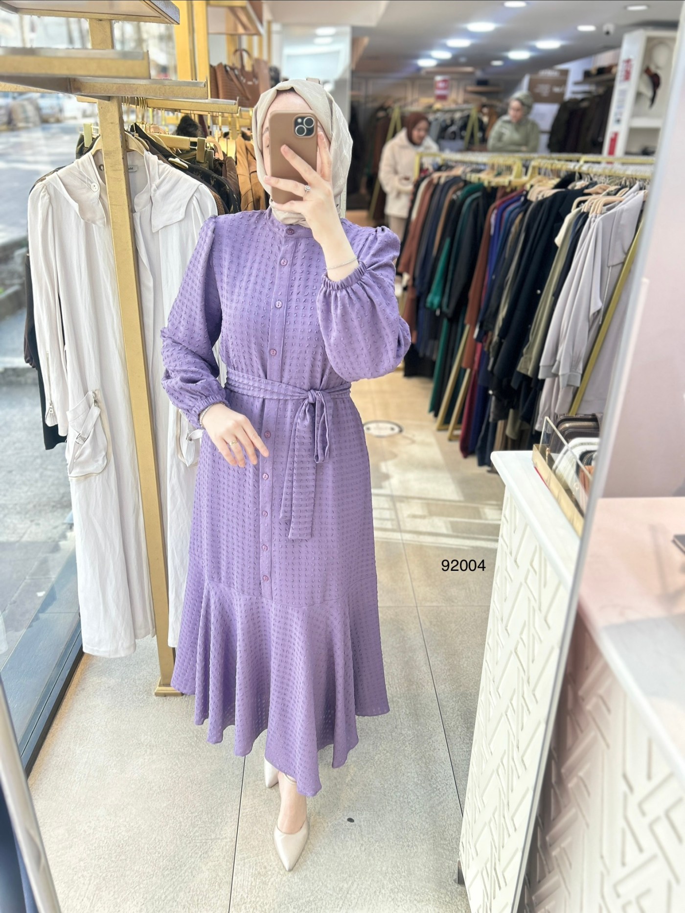 92004 Gofre Kumaş Kemerli Elbise