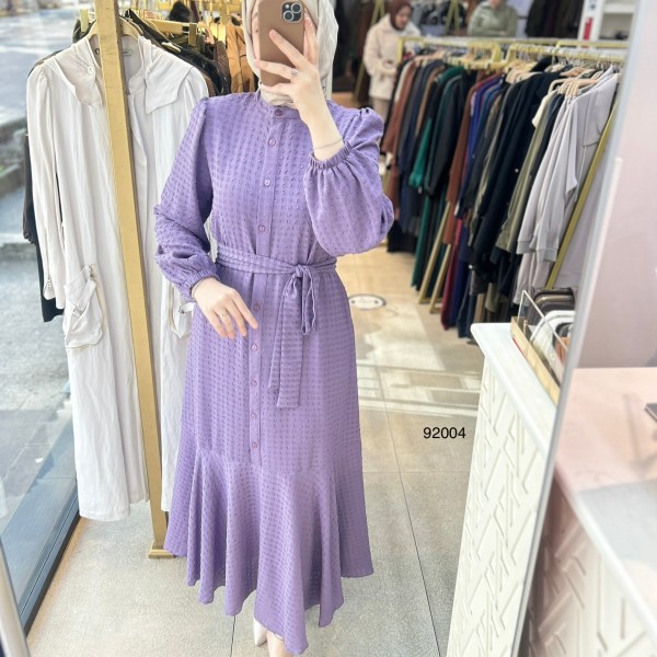 92004 Gofre Kumaş Kemerli Elbise - Görsel 9