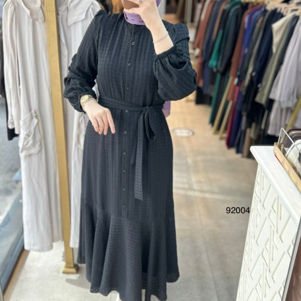 92004 Gofre Kumaş Kemerli Elbise - Görsel 23