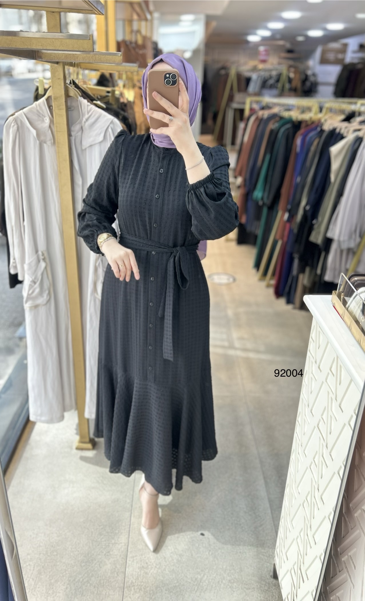 92004 Gofre Kumaş Kemerli Elbise