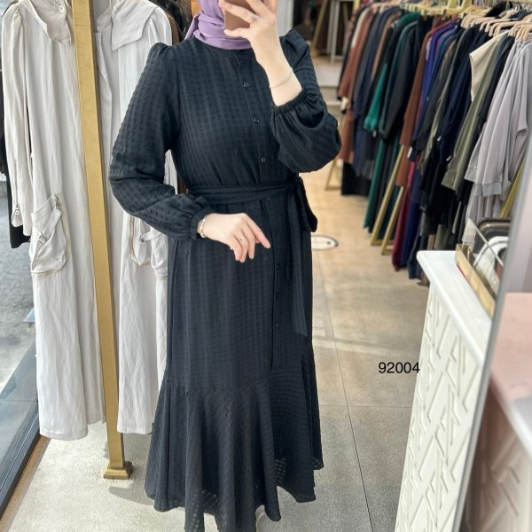 92004 Gofre Kumaş Kemerli Elbise - Görsel 18