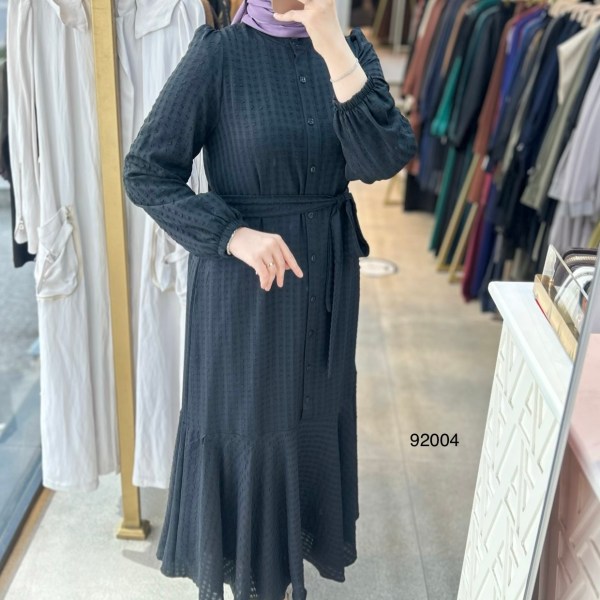 92004 Gofre Kumaş Kemerli Elbise - Görsel 24