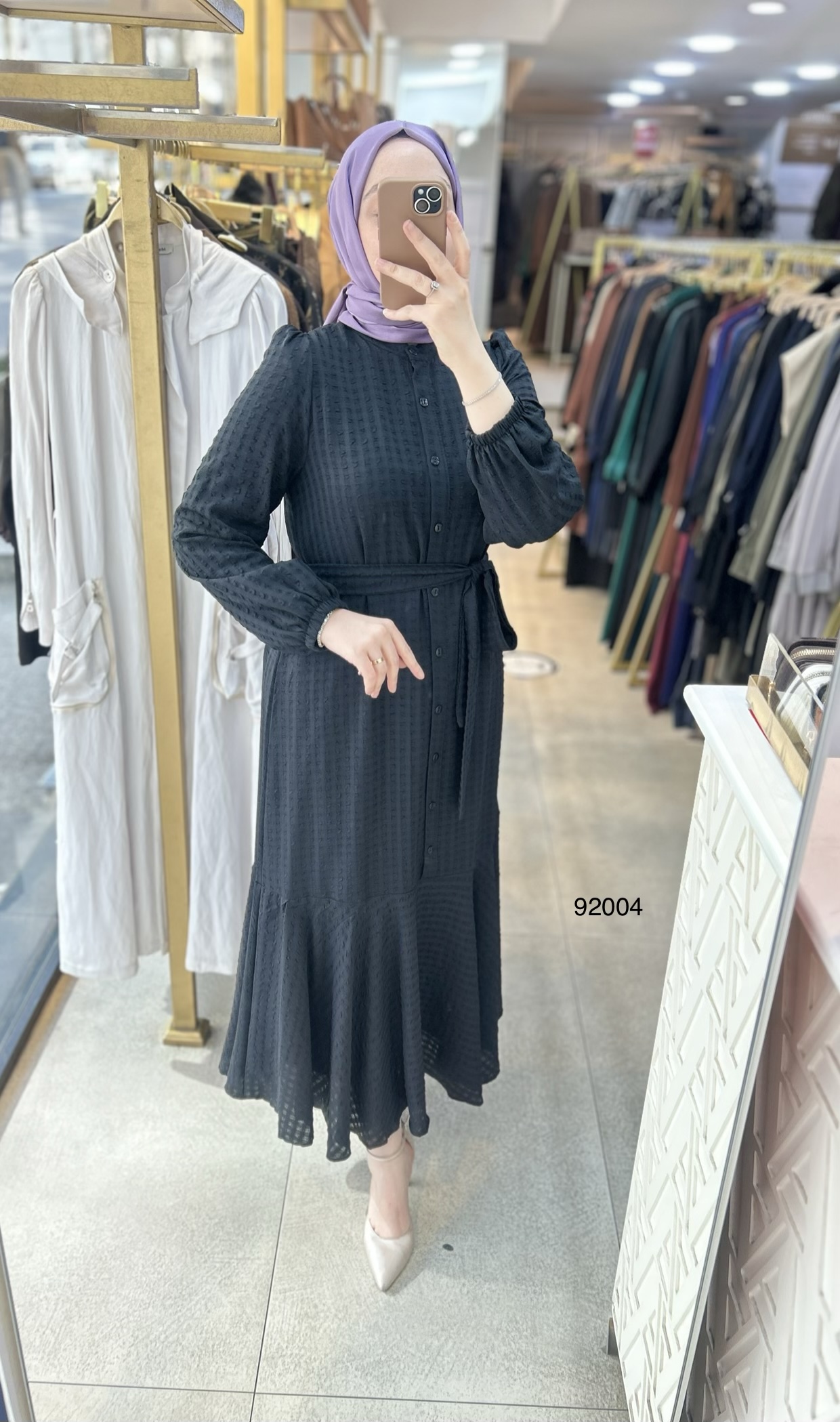 92004 Gofre Kumaş Kemerli Elbise