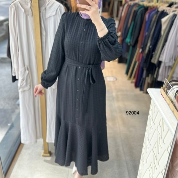 92004 Gofre Kumaş Kemerli Elbise - Görsel 20