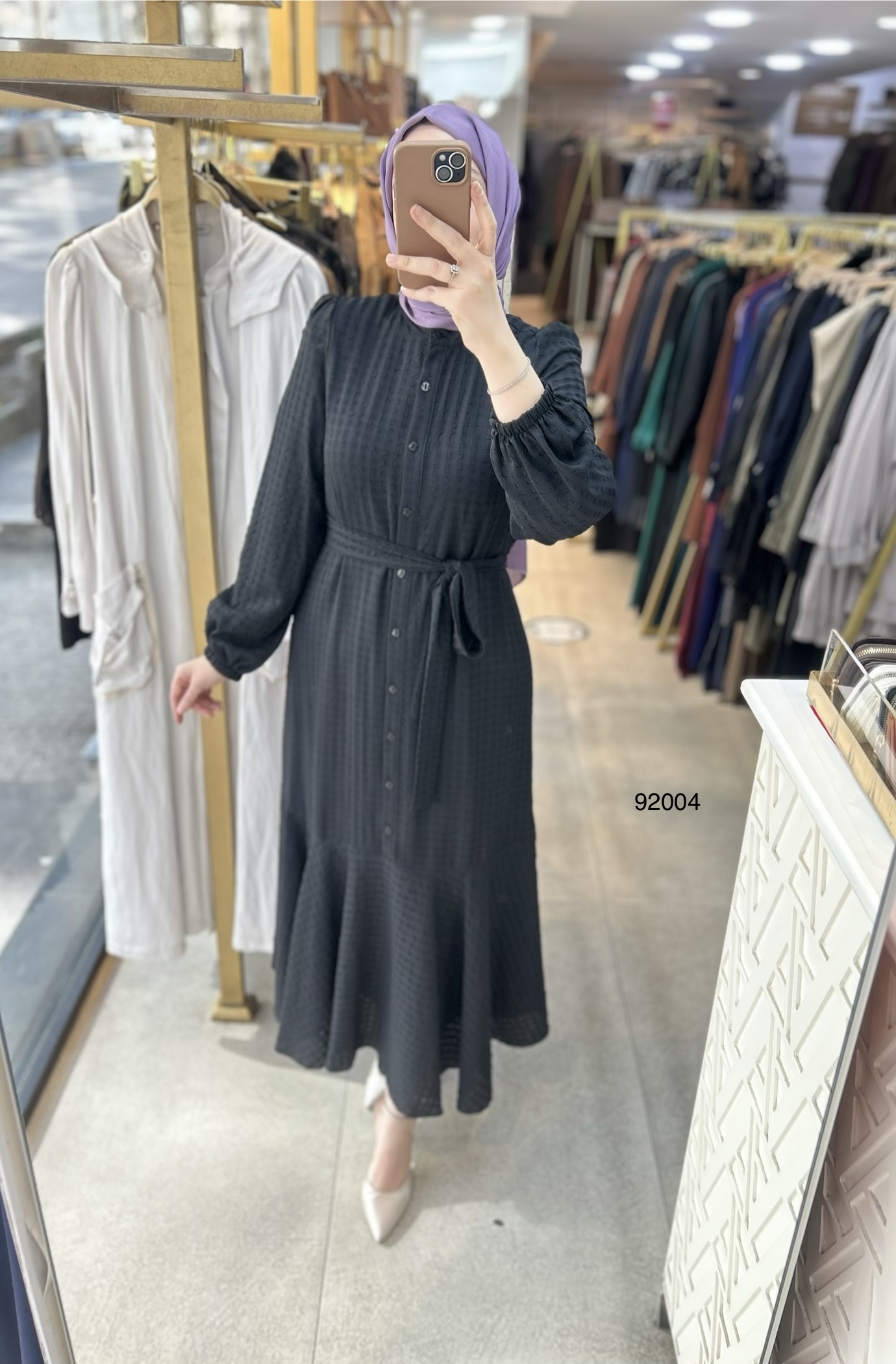 92004 Gofre Kumaş Kemerli Elbise