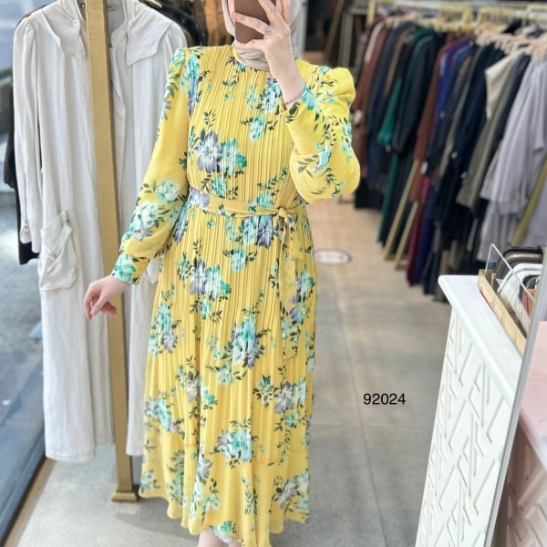 92024 Çiçek Desenli Piliseli Elbise - Görsel 13