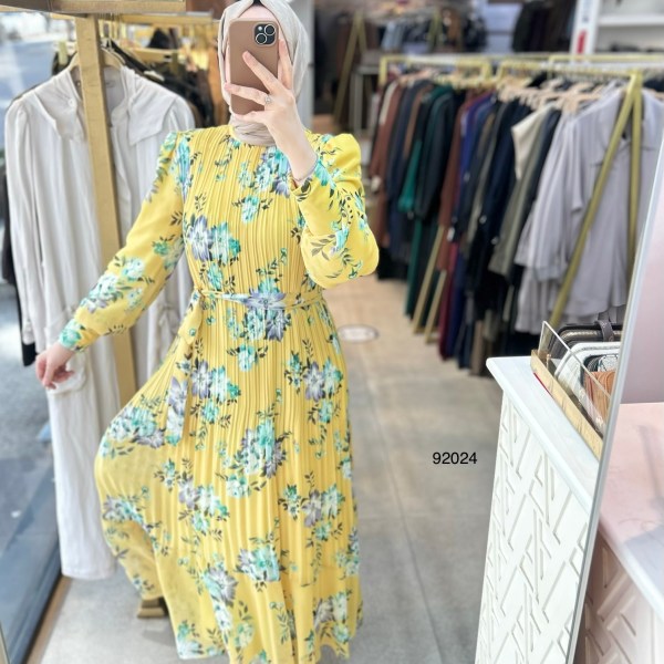 92024 Çiçek Desenli Piliseli Elbise - Görsel 10