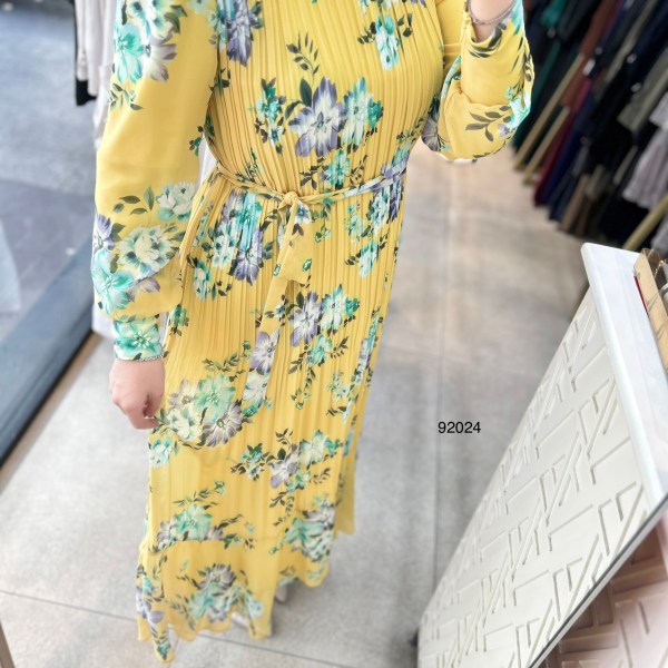 92024 Çiçek Desenli Piliseli Elbise - Görsel 9