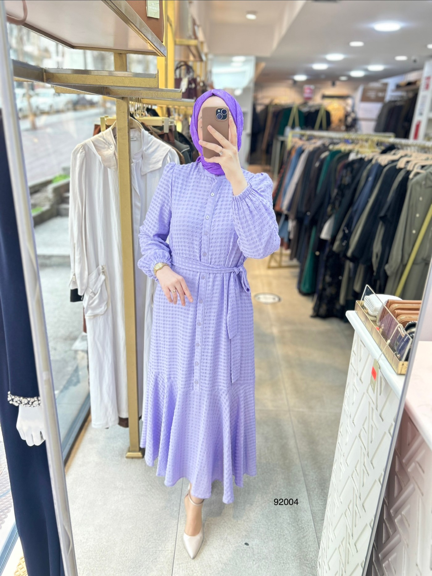 92004 Gofre Kumaş Kemerli Elbise