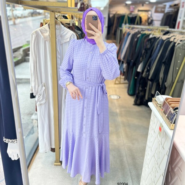 92004 Gofre Kumaş Kemerli Elbise - Görsel 7