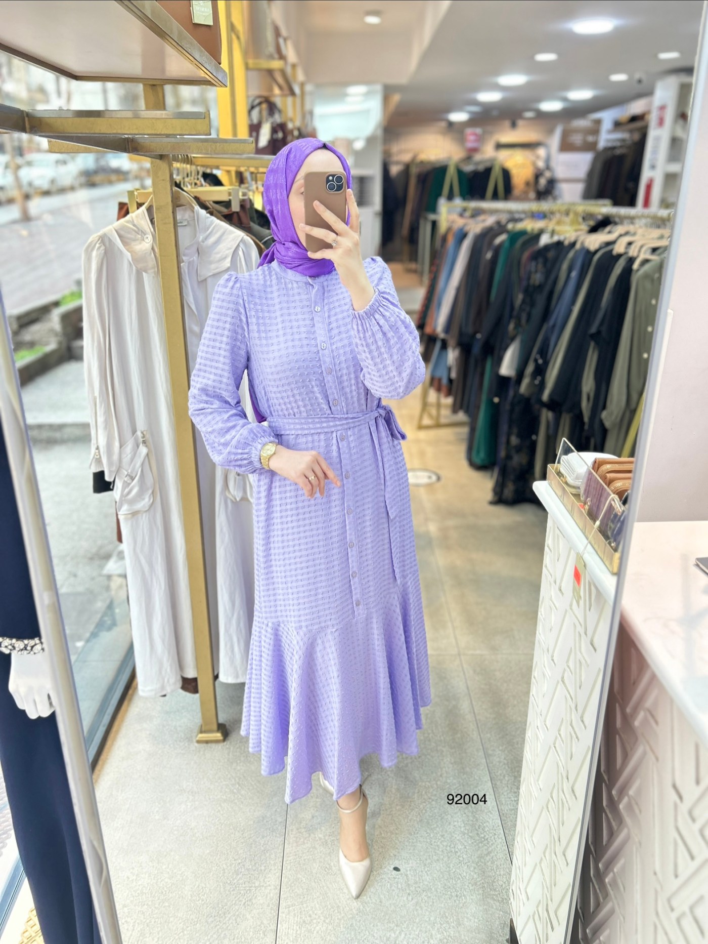 92004 Gofre Kumaş Kemerli Elbise