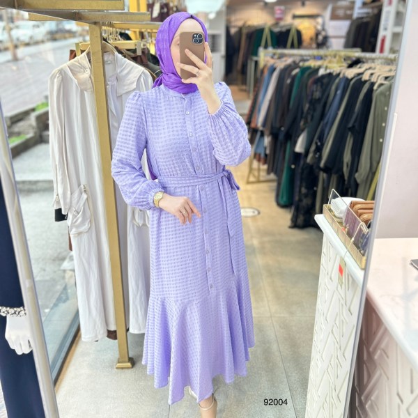 92004 Gofre Kumaş Kemerli Elbise - Görsel 8