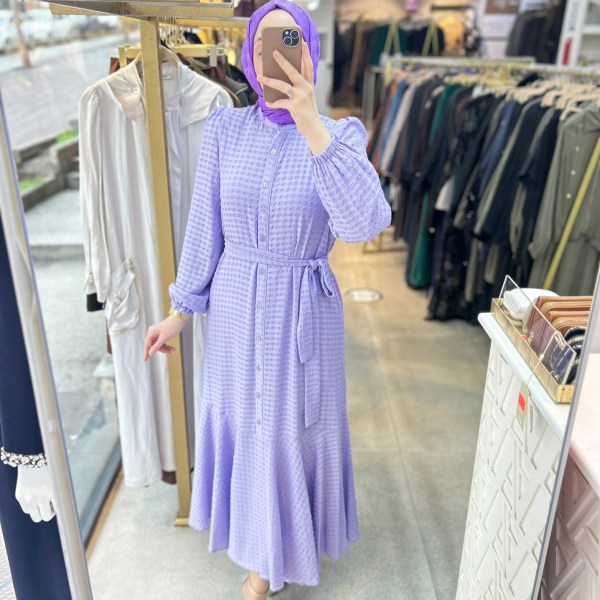 92004 Gofre Kumaş Kemerli Elbise - Görsel 6