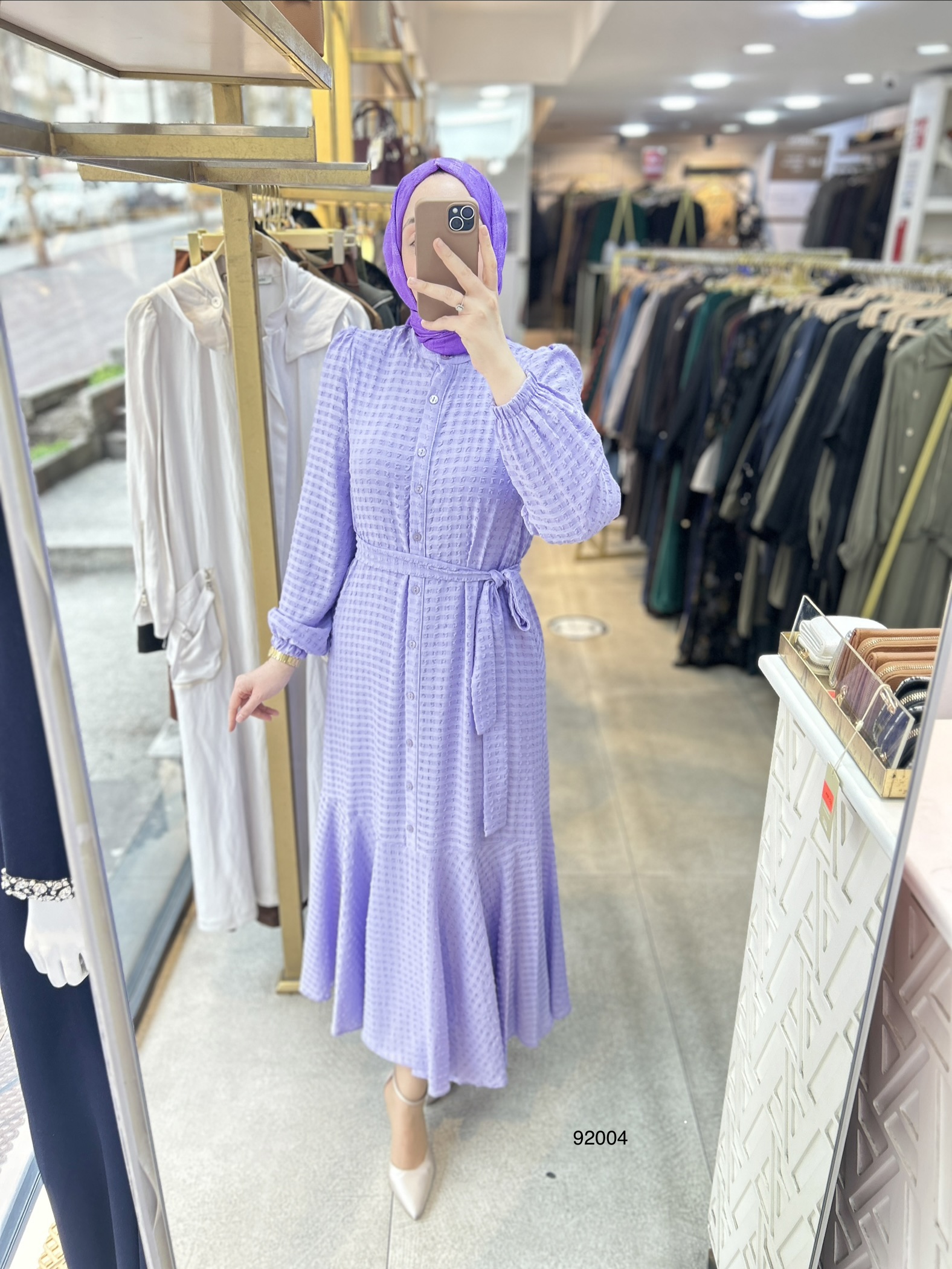 92004 Gofre Kumaş Kemerli Elbise - Görsel 6