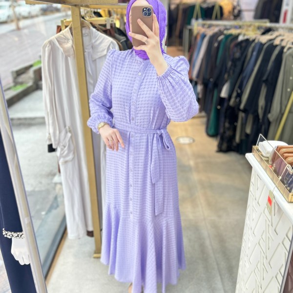 92004 Gofre Kumaş Kemerli Elbise - Görsel 5