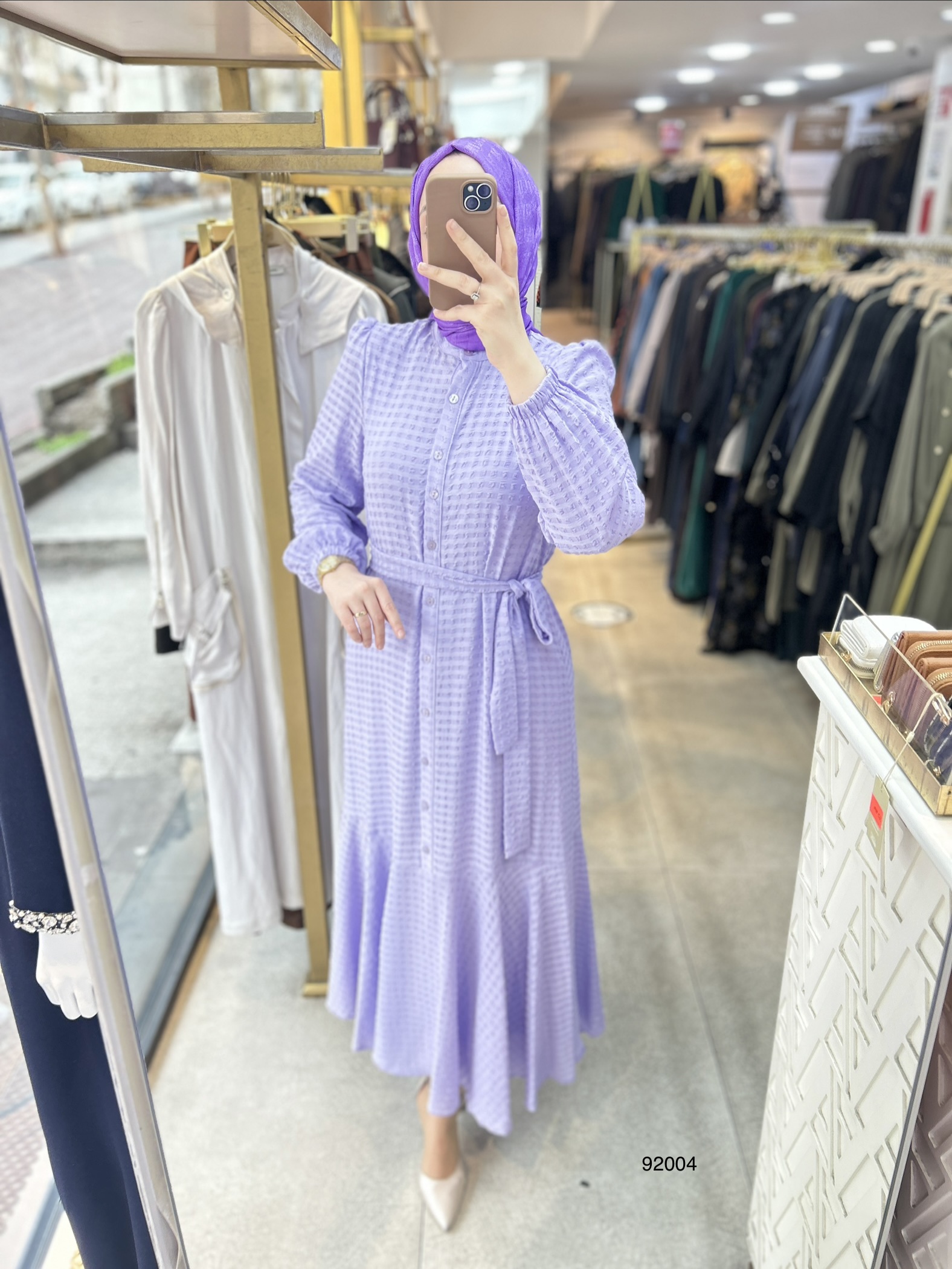 92004 Gofre Kumaş Kemerli Elbise - Görsel 5