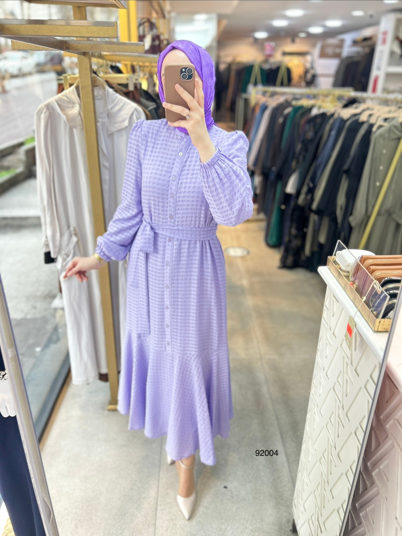 92004 Gofre Kumaş Kemerli Elbise