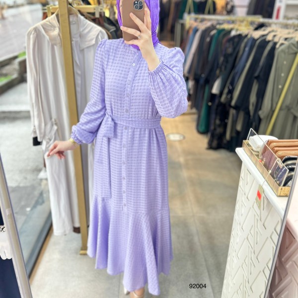 92004 Gofre Kumaş Kemerli Elbise - Görsel 30