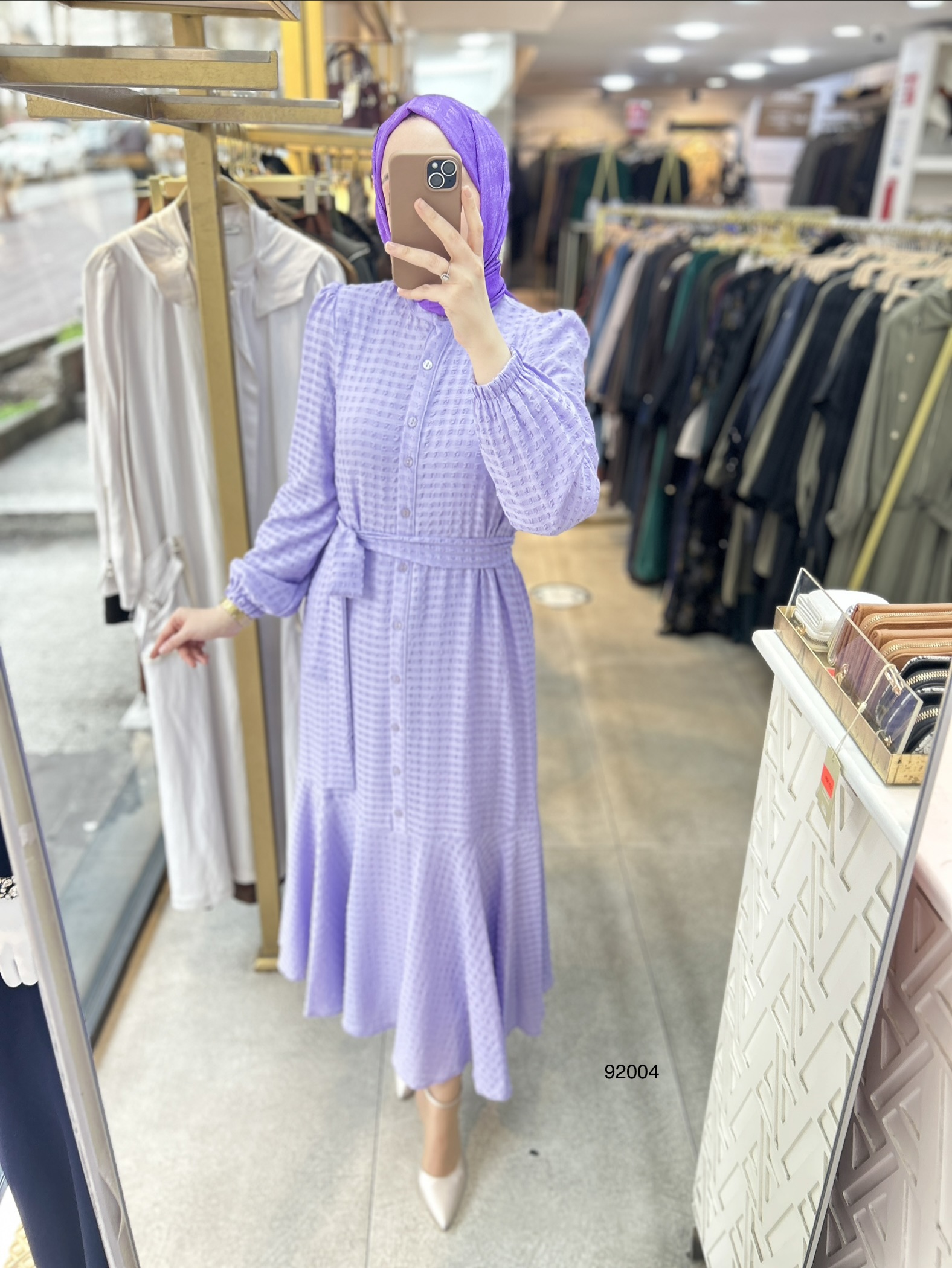 92004 Gofre Kumaş Kemerli Elbise - Görsel 30