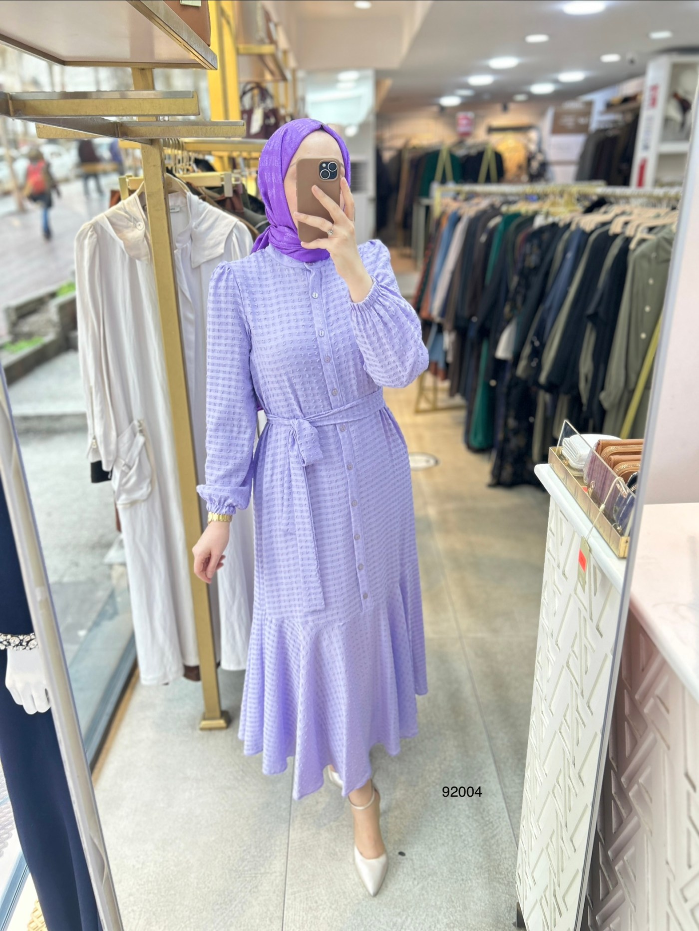 92004 Gofre Kumaş Kemerli Elbise