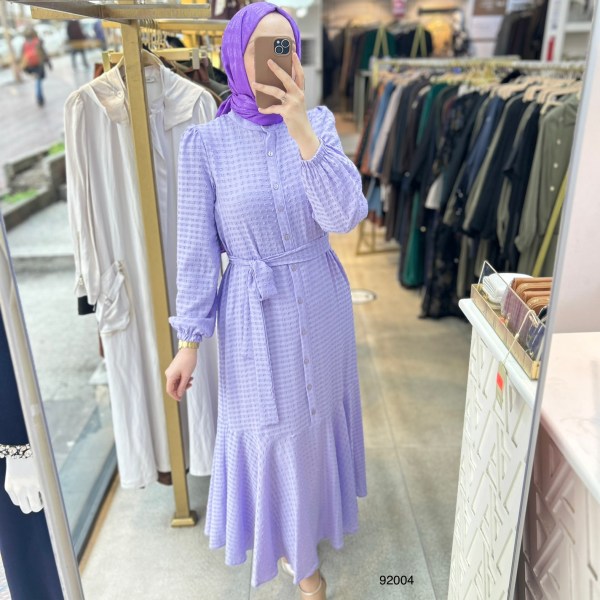 92004 Gofre Kumaş Kemerli Elbise - Görsel 33