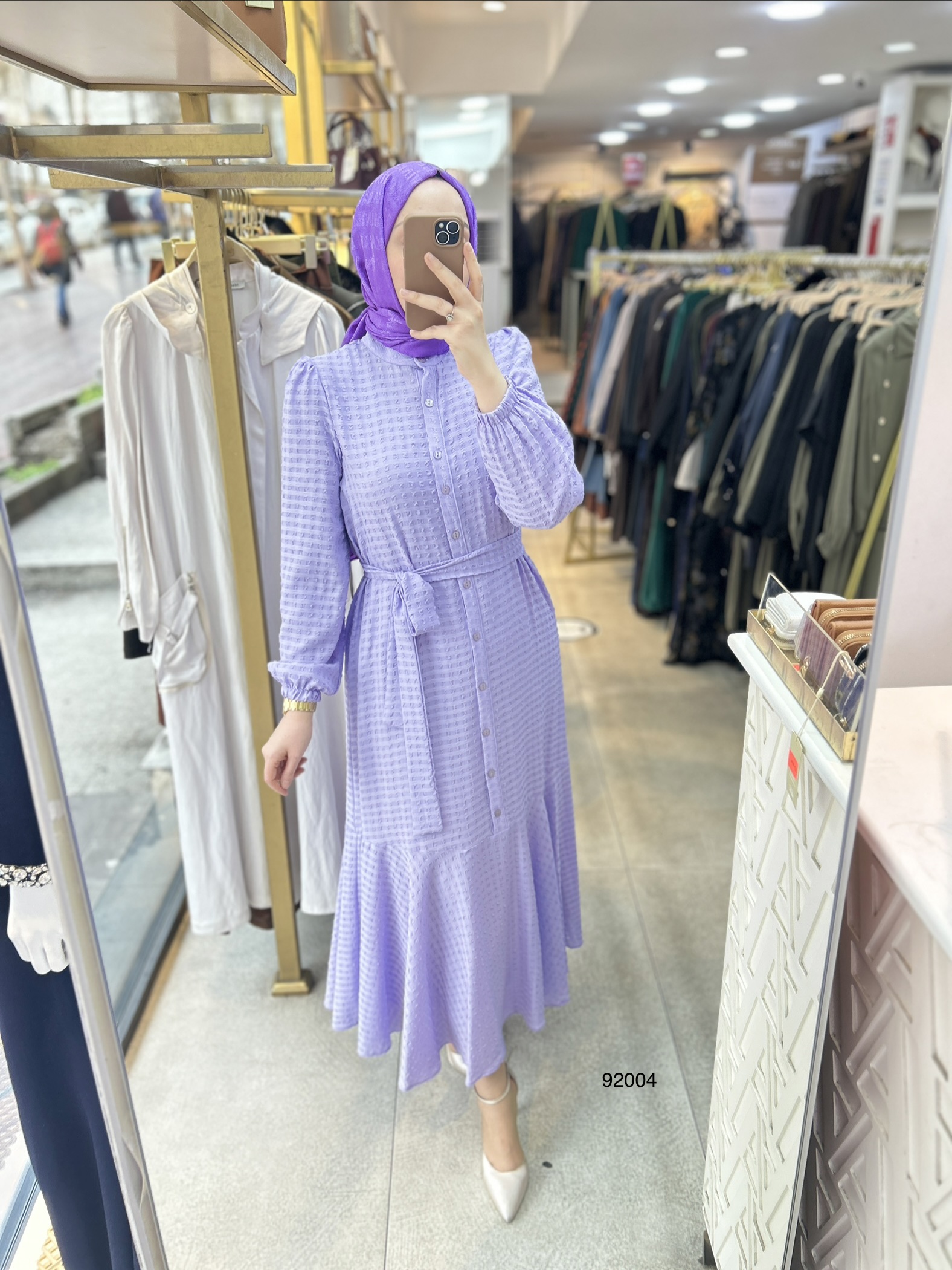 92004 Gofre Kumaş Kemerli Elbise - Görsel 33