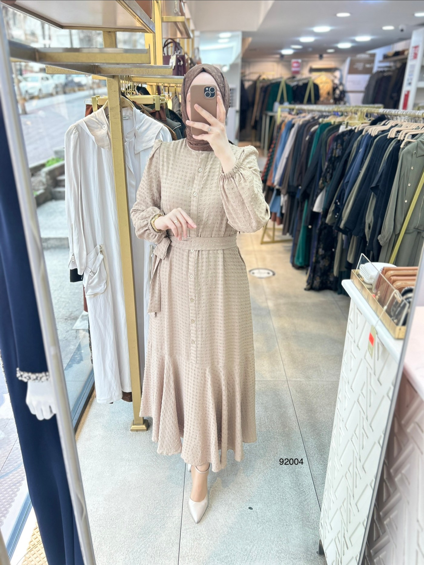 92004 Gofre Kumaş Kemerli Elbise