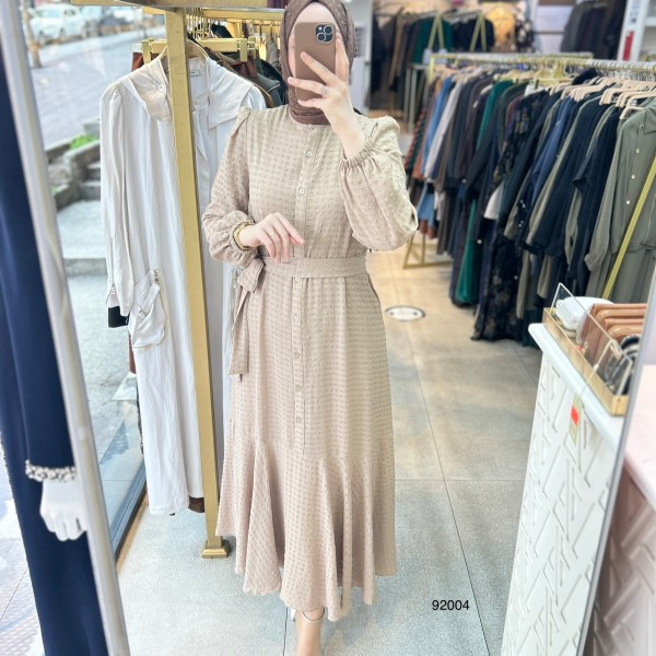 92004 Gofre Kumaş Kemerli Elbise - Görsel 3