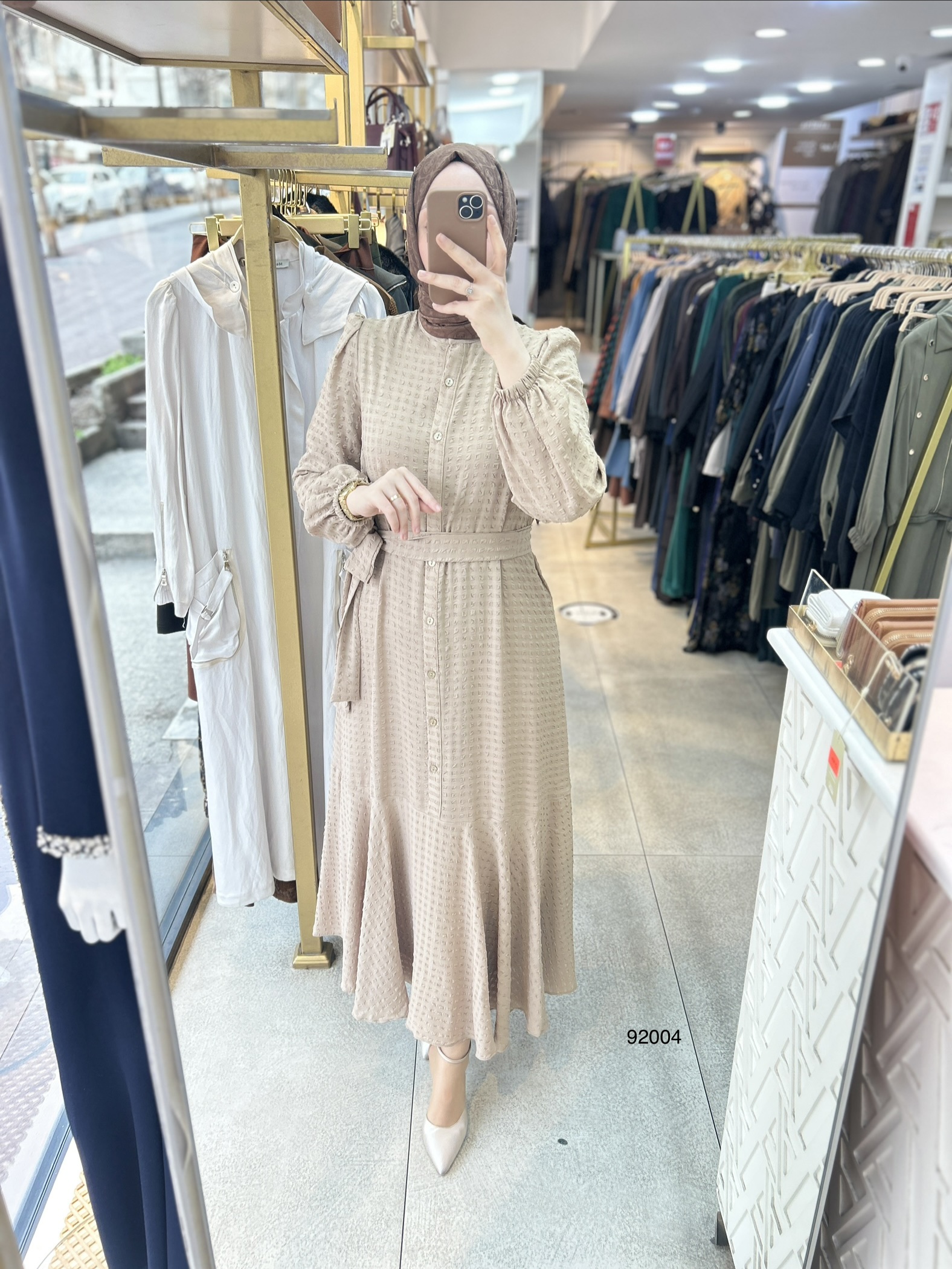 92004 Gofre Kumaş Kemerli Elbise - Görsel 3