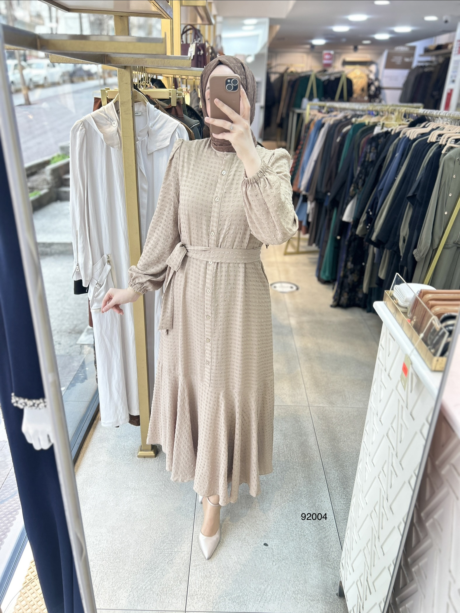 92004 Gofre Kumaş Kemerli Elbise - Görsel 2