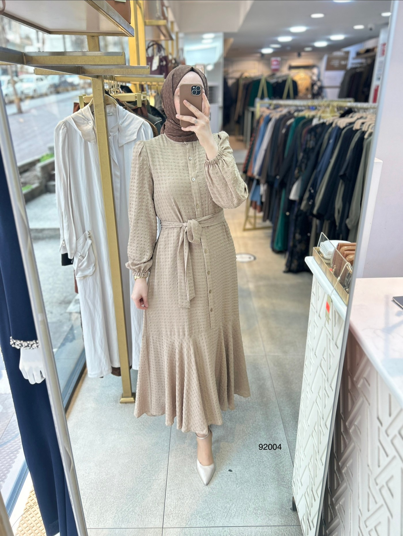 92004 Gofre Kumaş Kemerli Elbise