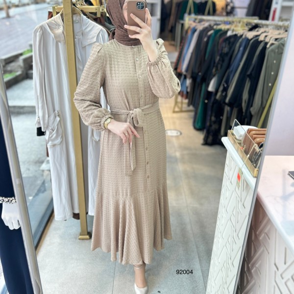 92004 Gofre Kumaş Kemerli Elbise - Görsel 1