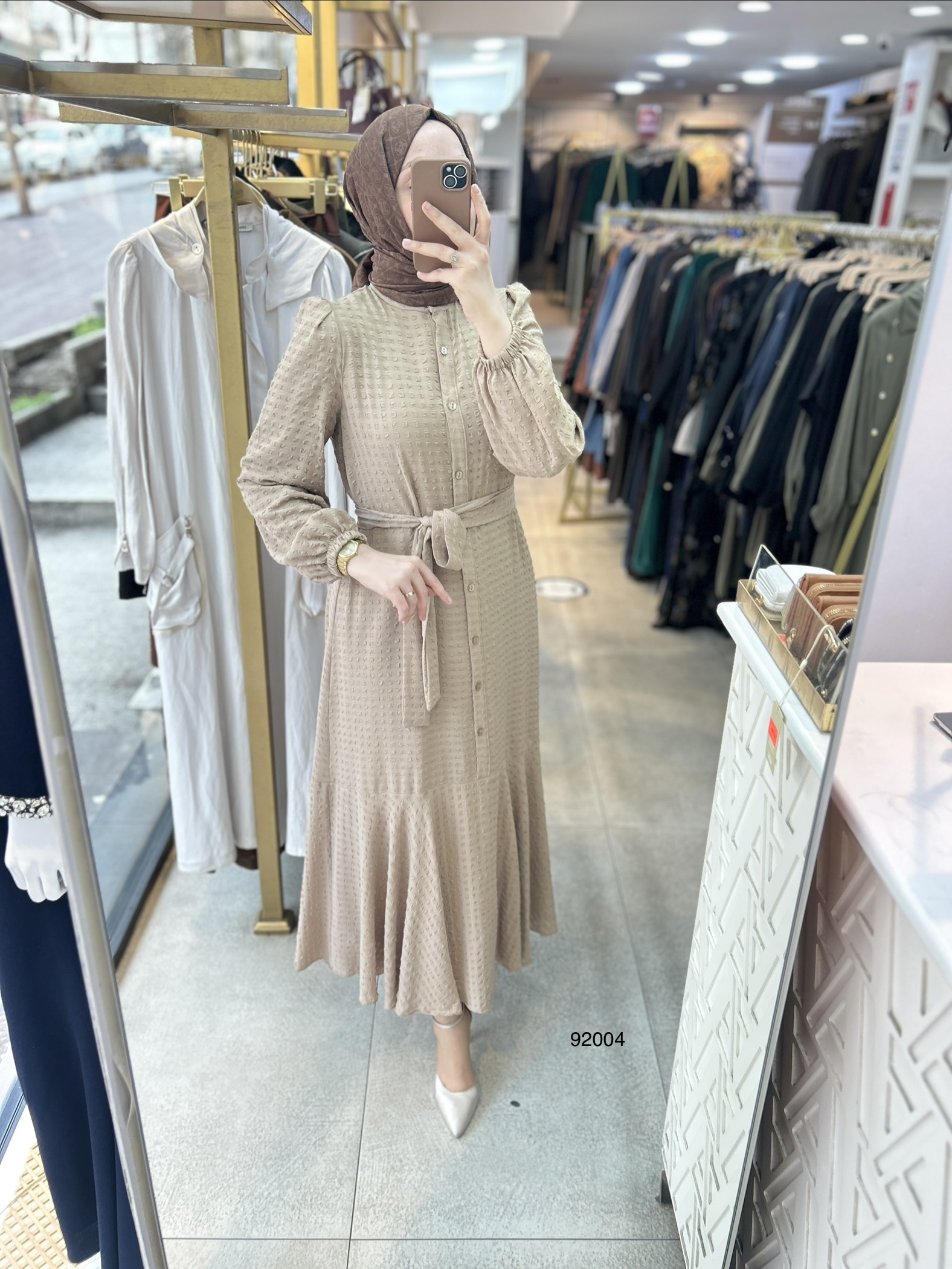 92004 Gofre Kumaş Kemerli Elbise - Görsel 1