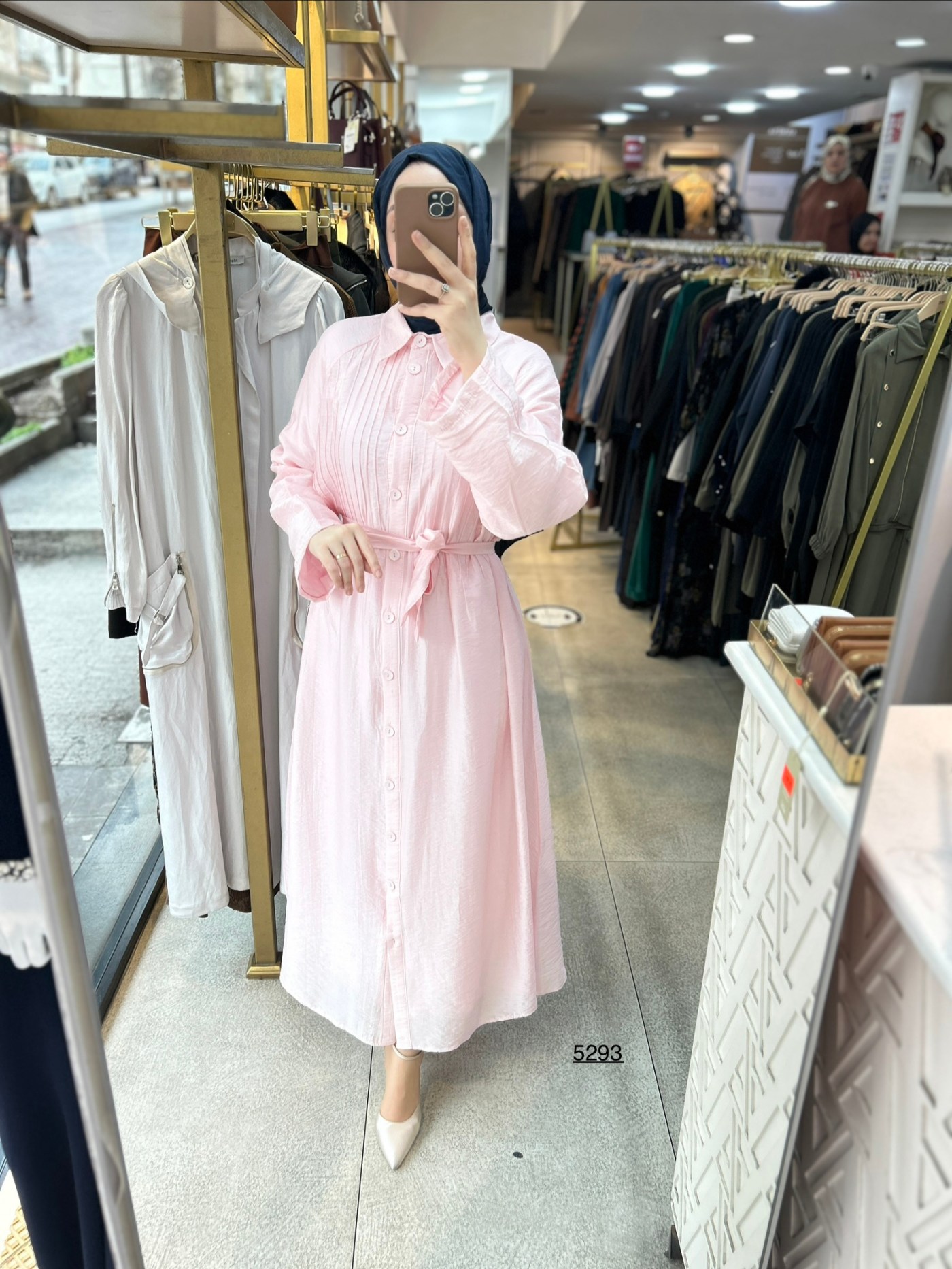 5293  Boydan Düğmeli  Kemerli  Elbise