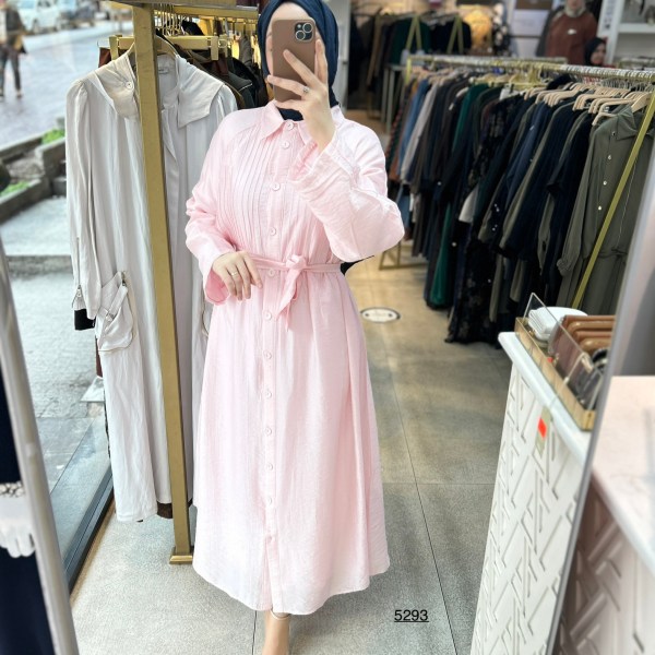 5293  Boydan Düğmeli  Kemerli  Elbise - Görsel 13