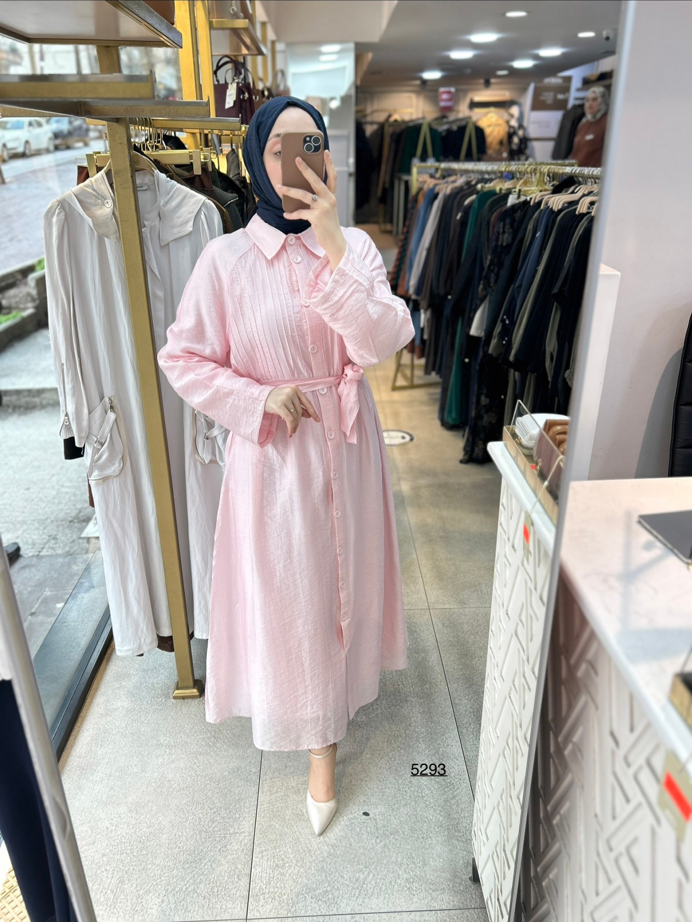 5293  Boydan Düğmeli  Kemerli  Elbise