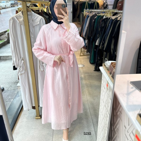 5293  Boydan Düğmeli  Kemerli  Elbise - Görsel 12