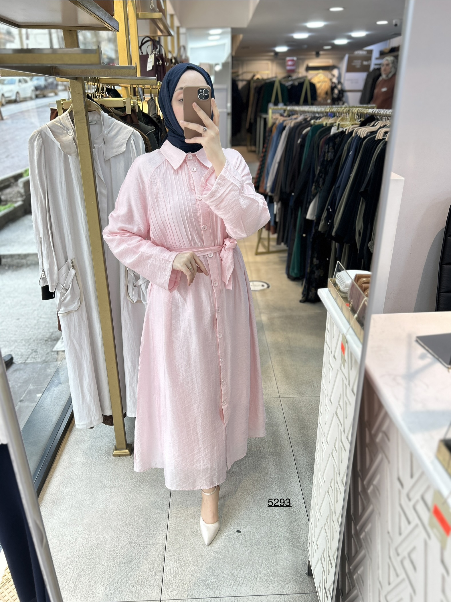 5293  Boydan Düğmeli  Kemerli  Elbise - Görsel 12