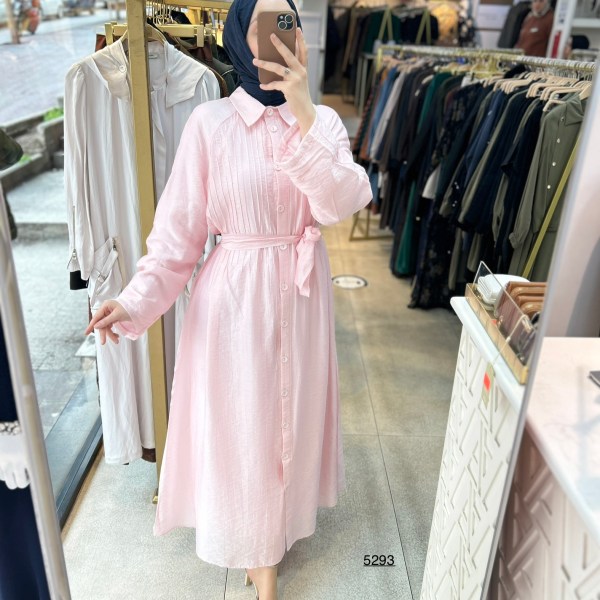 5293  Boydan Düğmeli  Kemerli  Elbise - Görsel 11