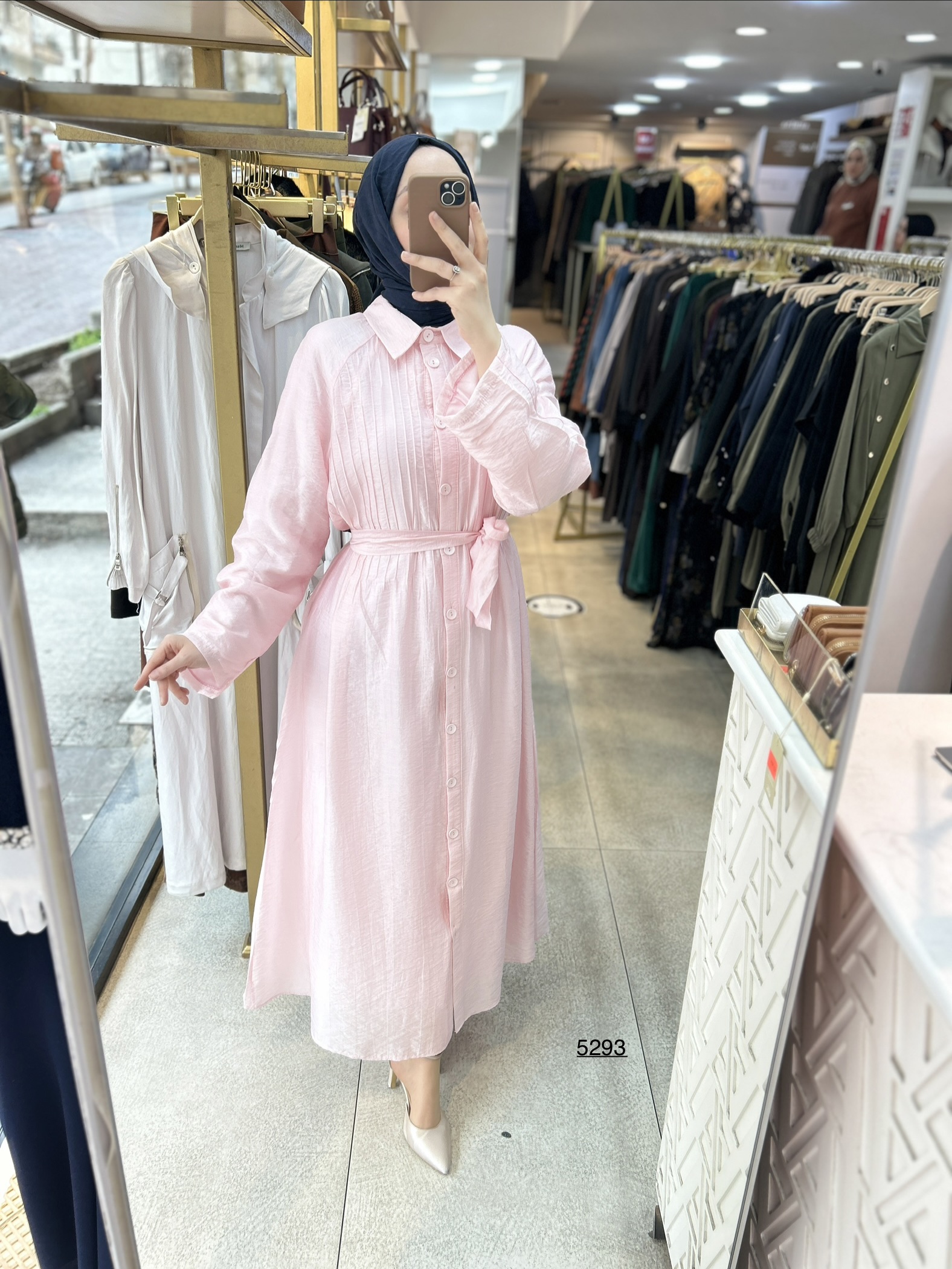 5293  Boydan Düğmeli  Kemerli  Elbise - Görsel 11