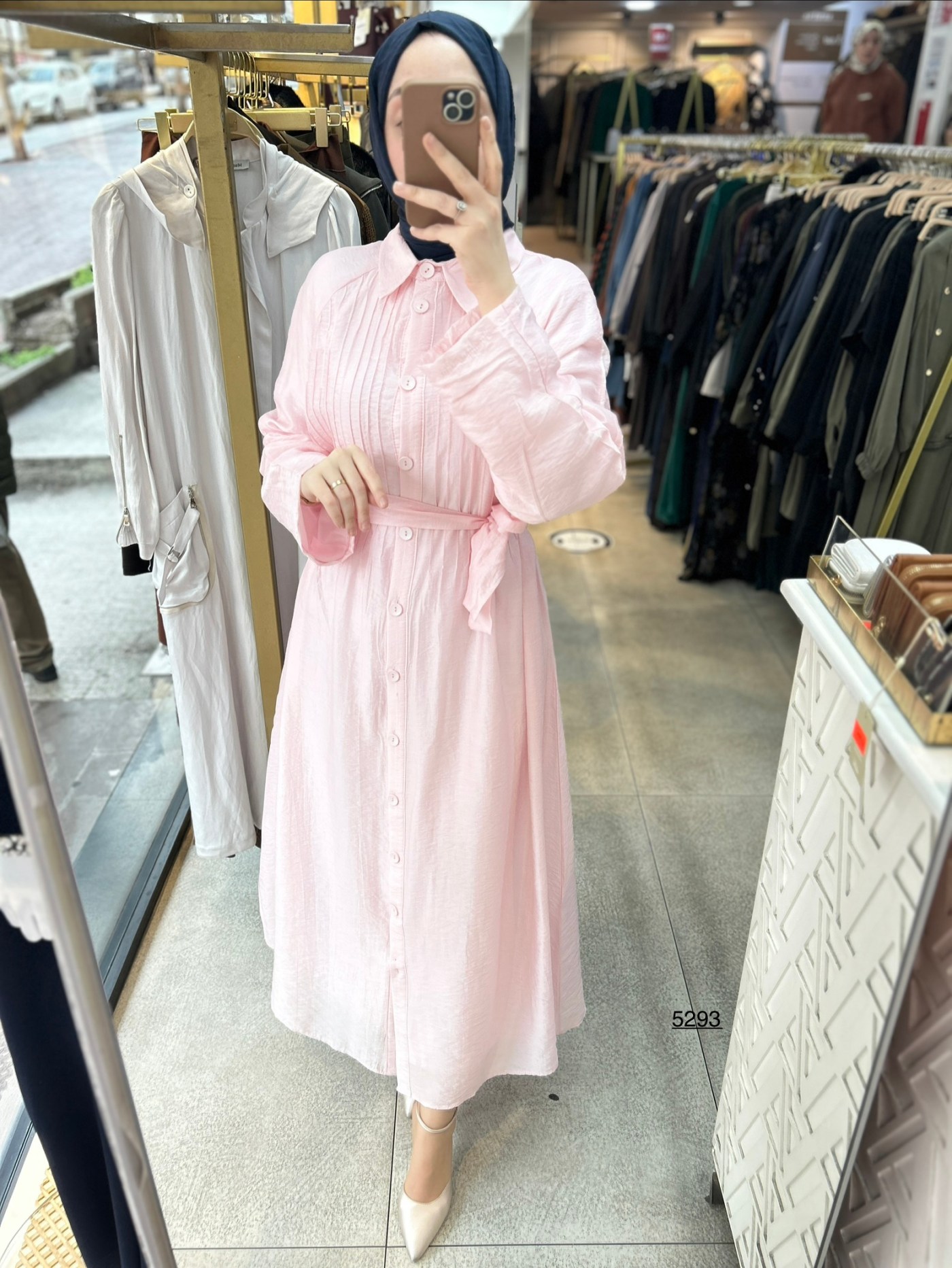 5293  Boydan Düğmeli  Kemerli  Elbise