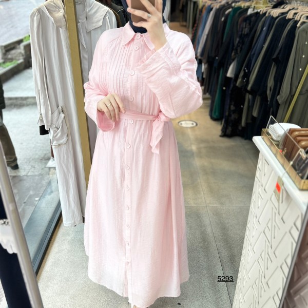 5293  Boydan Düğmeli  Kemerli  Elbise - Görsel 10