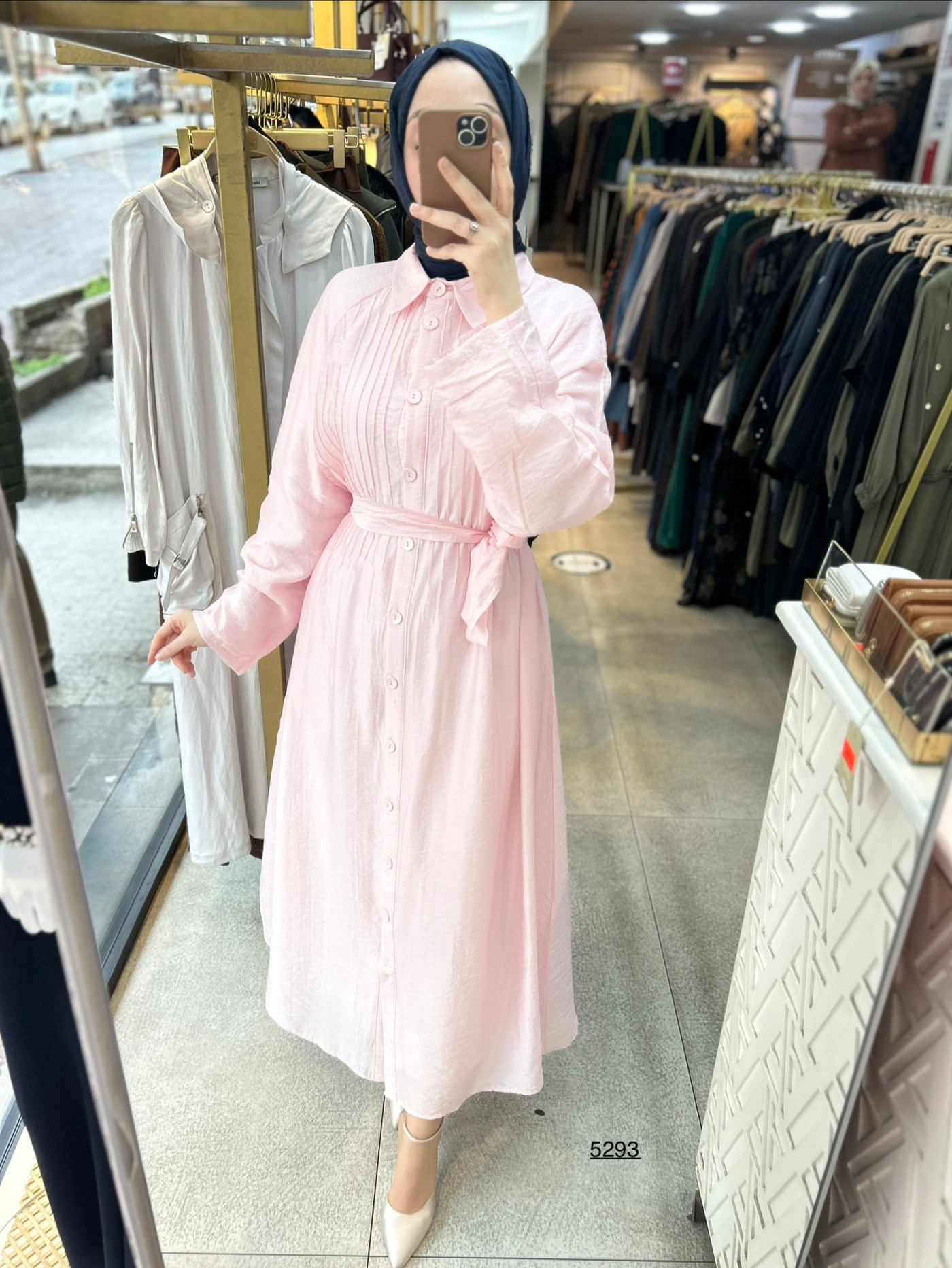 5293  Boydan Düğmeli  Kemerli  Elbise