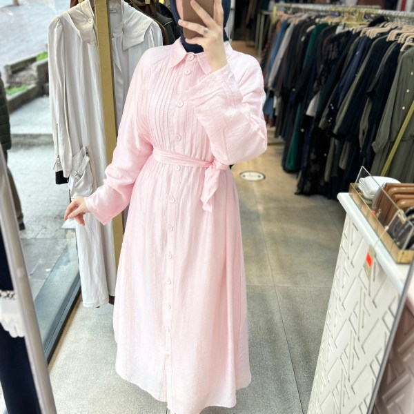 5293  Boydan Düğmeli  Kemerli  Elbise - Görsel 14