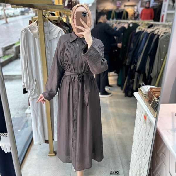 5293  Boydan Düğmeli  Kemerli  Elbise - Görsel 15