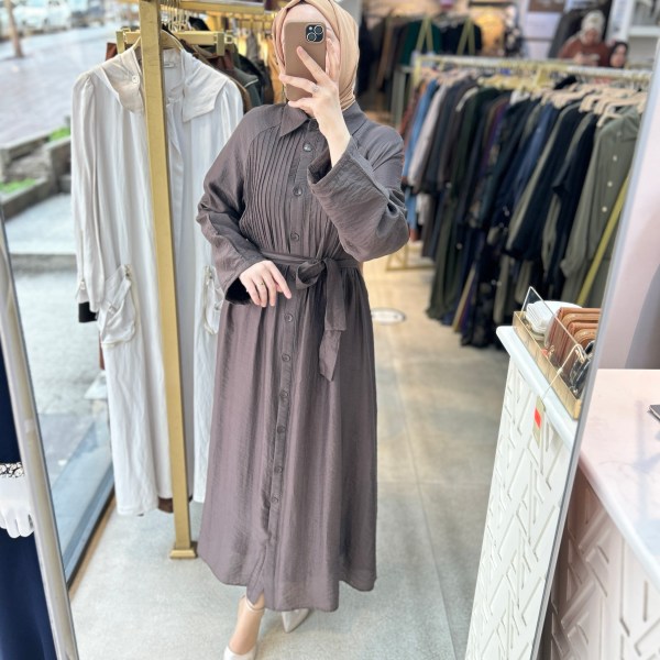 5293  Boydan Düğmeli  Kemerli  Elbise - Görsel 18