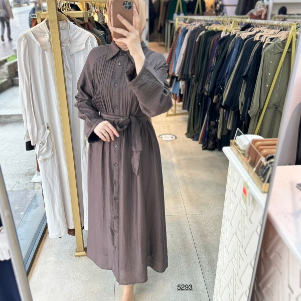 5293  Boydan Düğmeli  Kemerli  Elbise - Görsel 1