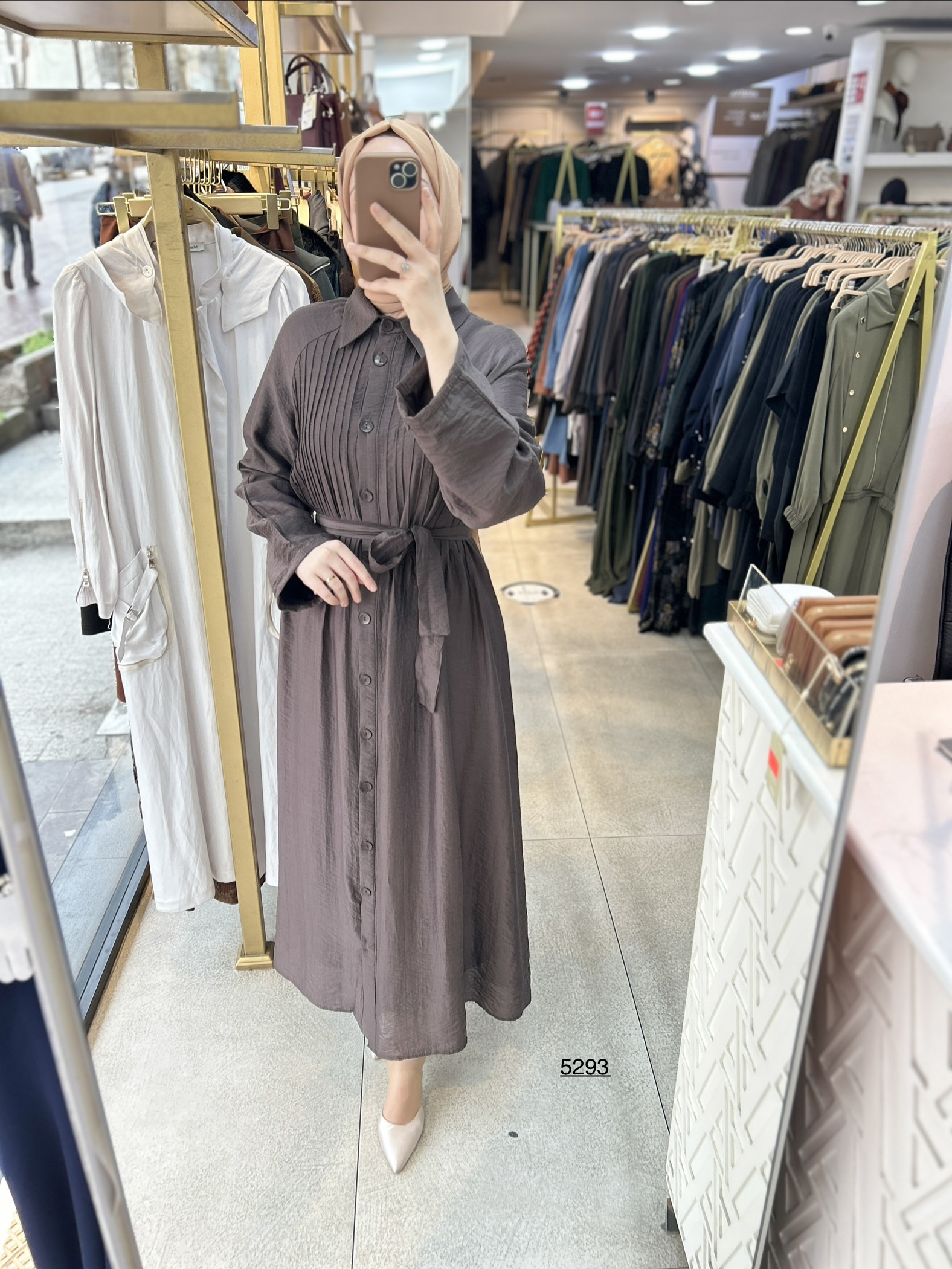 5293  Boydan Düğmeli  Kemerli  Elbise - Görsel 1